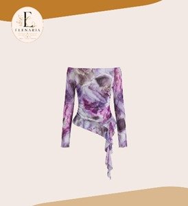 Blusa Hombros Descubiertos Drapeada con Estampado Marmoleado Lila