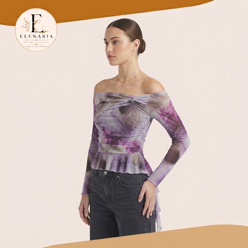 Blusa Hombros Descubiertos Drapeada con Estampado Marmoleado Lila - Imagen 4