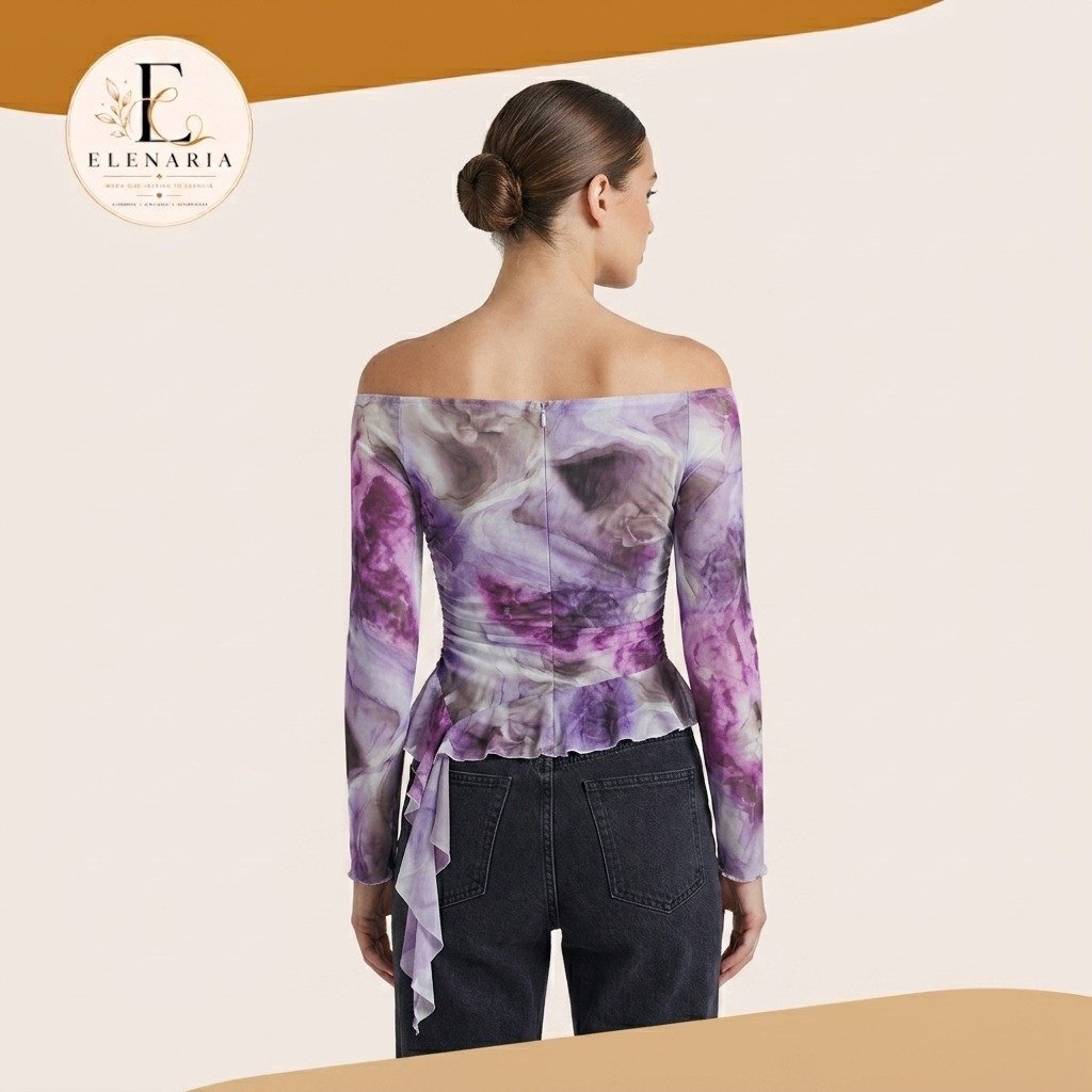 Blusa Hombros Descubiertos Drapeada con Estampado Marmoleado Lila - Imagen 3