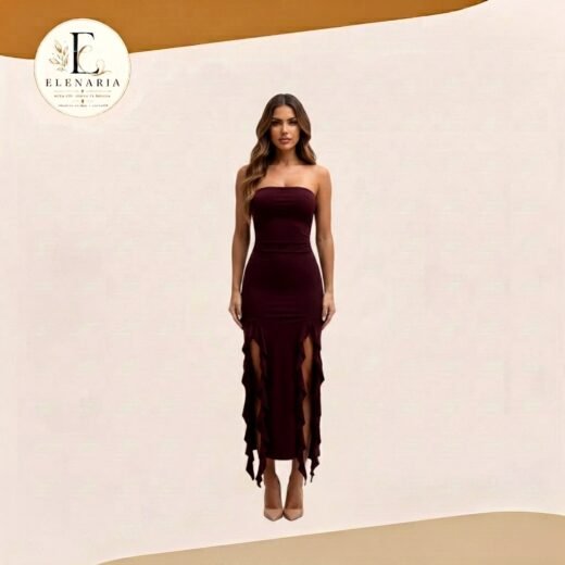 Vestido Midi Strapless Borgoña con Aberturas y Volantes Laterales | Elenaria