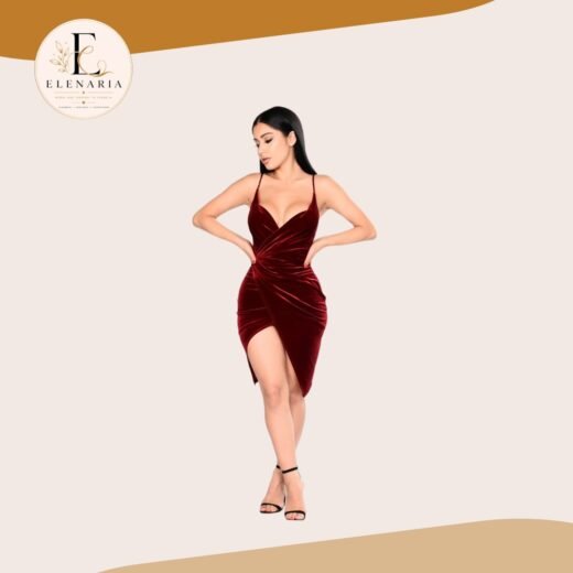 Vestido Midi de Terciopelo Rojo con Escote En V y Falda Cruzada | Elenaria