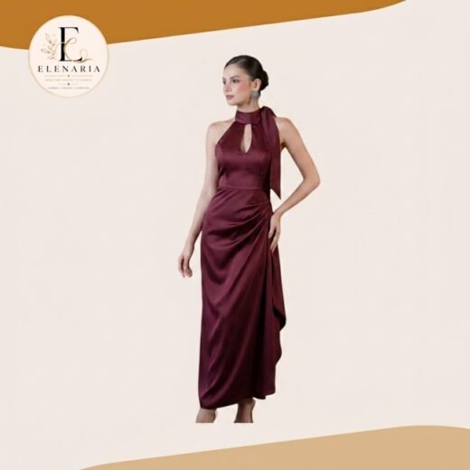 Vestido Midi Elegante Borgoña con Espalda Descubierta y Lazo al Cuello | Elenaria
