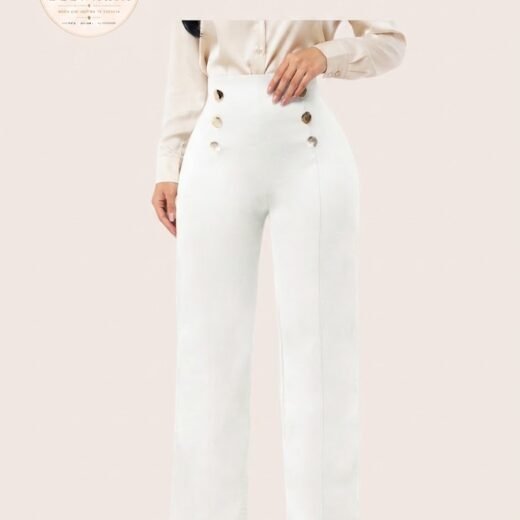 Pantalón Blanco de Pernera Ancha con Tiro Alto y Botones Dorados | Elenaria